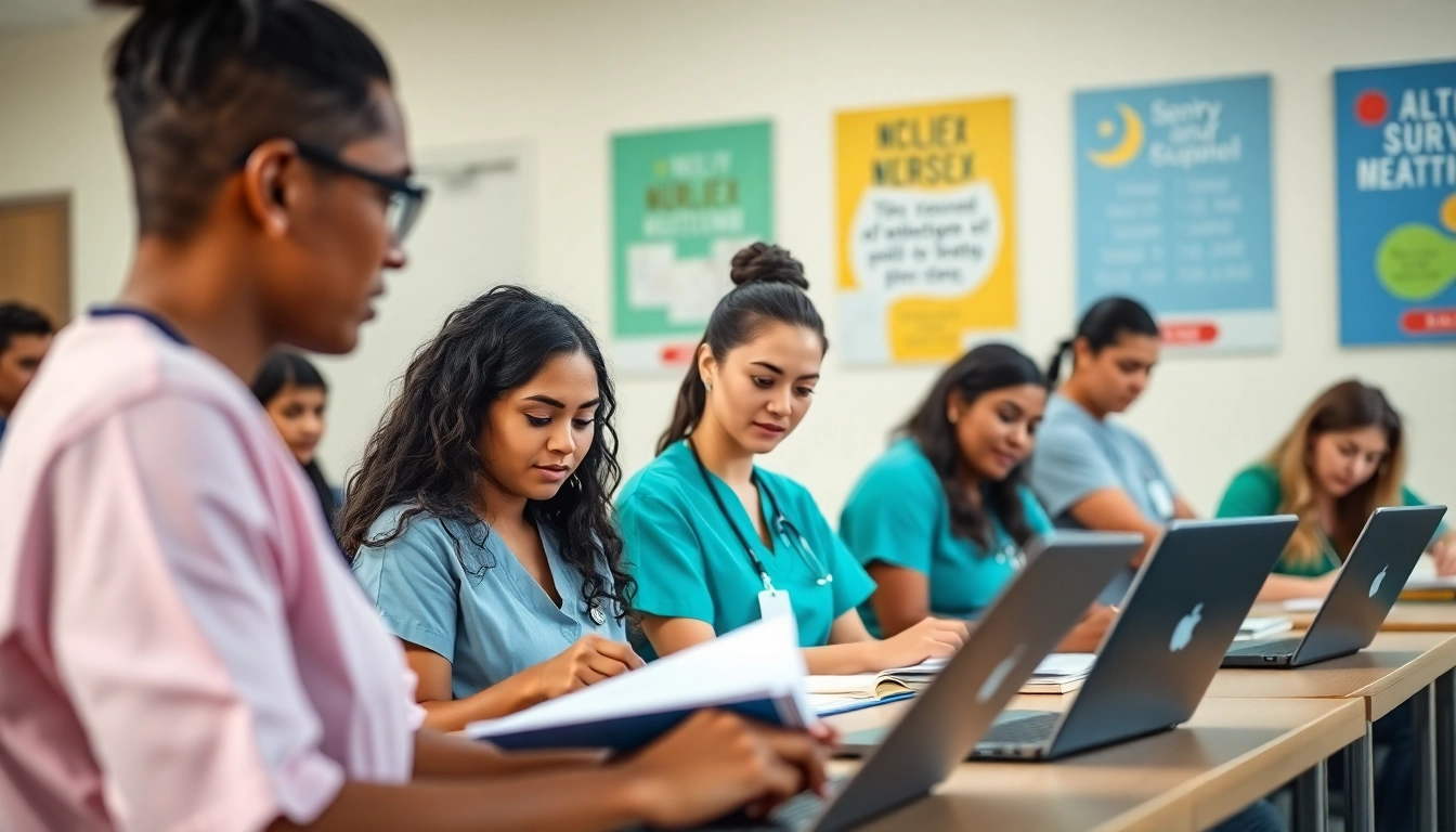Studying at an NCLEX review center Houston TX with engaged nursing students in a professional setting.