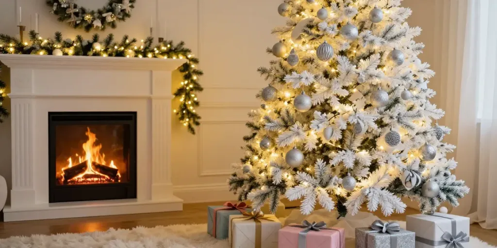 Stunning white Christmas tree decorated with silver ornaments, warm holiday setting