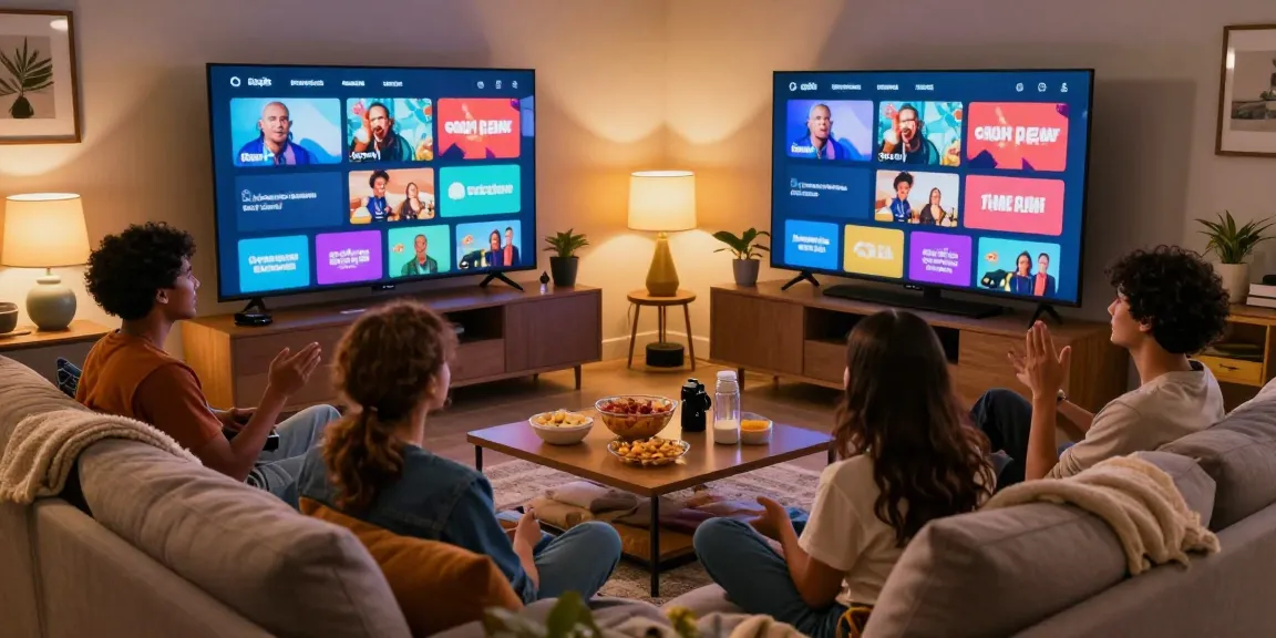 Friends enjoying a relaxing movie night with dezpila streaming on TV, showcasing a cozy living room setup.