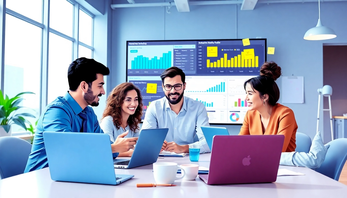 Team strategizing digital campaigns at https://www.rontar.com/ with data analytics and collaboration tools.