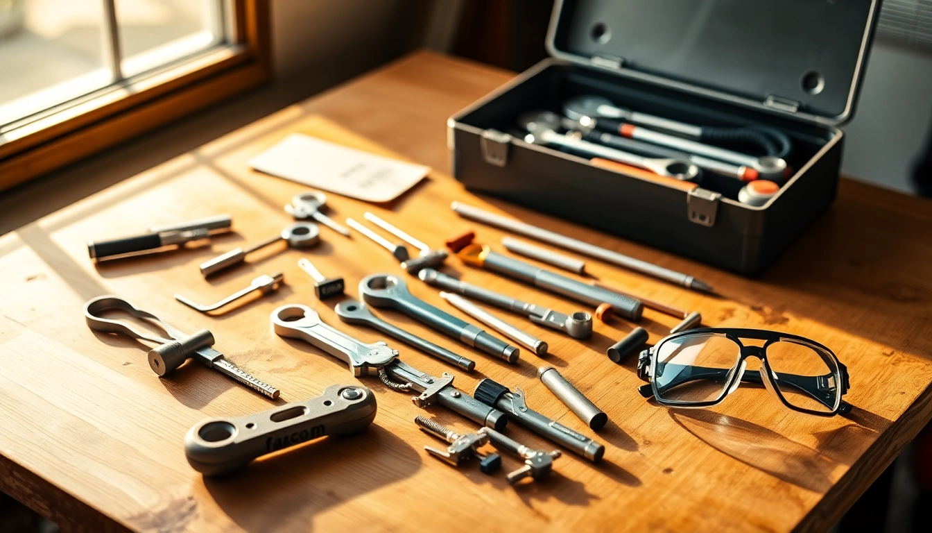 Displaying facom tools neatly arranged on a workshop bench, showcasing quality craftsmanship.