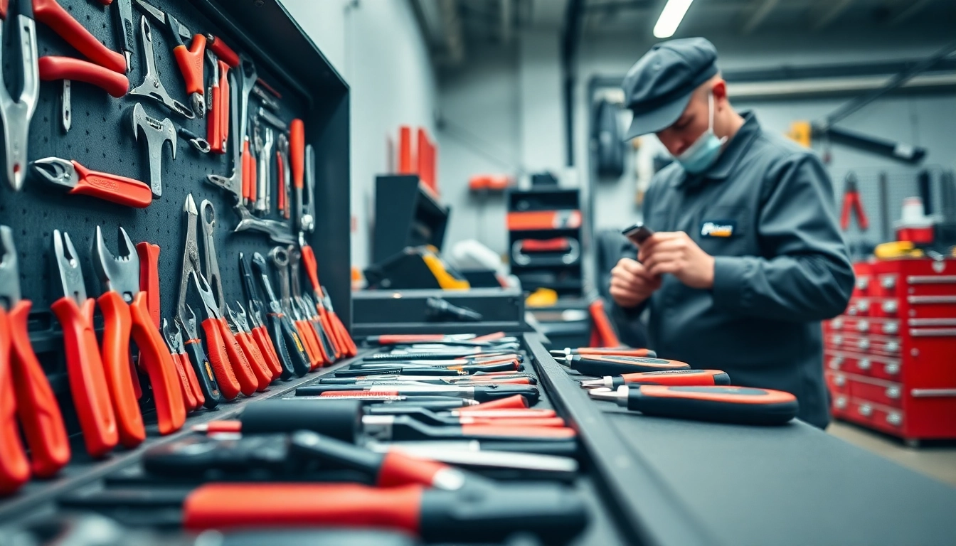 Technician using facom tools in a well-organized workshop, emphasizing quality and precision.