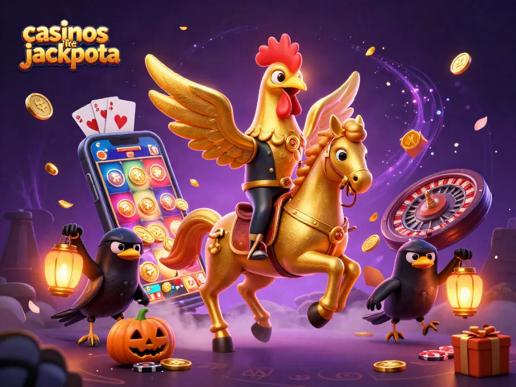 Experience the thrill of casinos like jackpota with a vibrant 3D golden rooster in a magical casino scene.