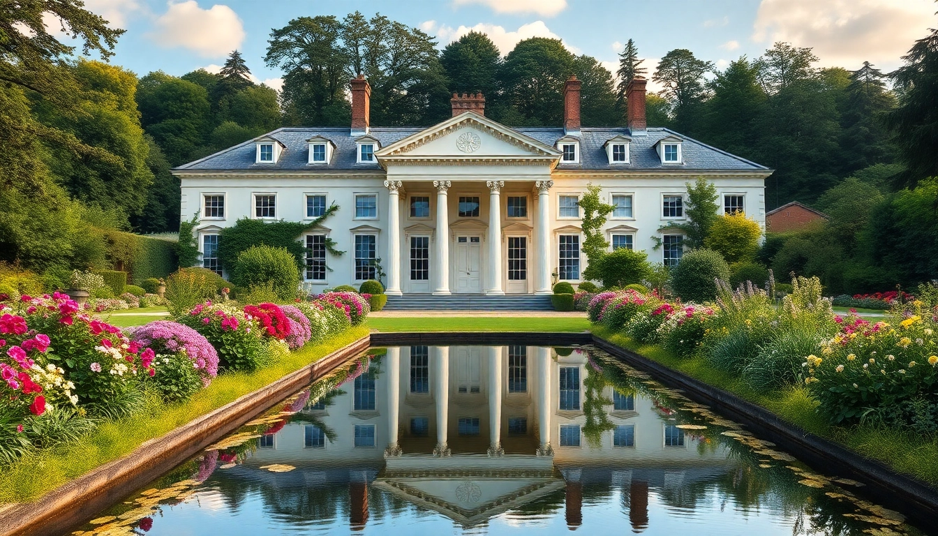 Pynes House showcasing its majestic architecture amidst lush gardens in Devon.