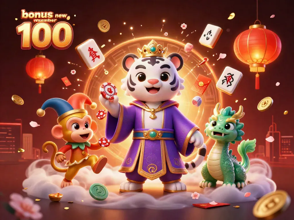 Spin wins with bonus new member 100 in a vibrant 3D casino scene with enchanting characters and festive elements.