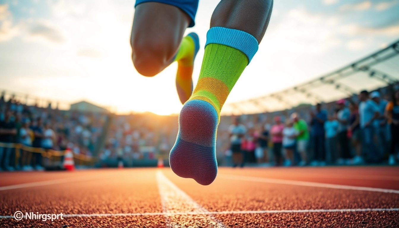 Runner showcasing vibrant running socks during a race, capturing energy and performance.