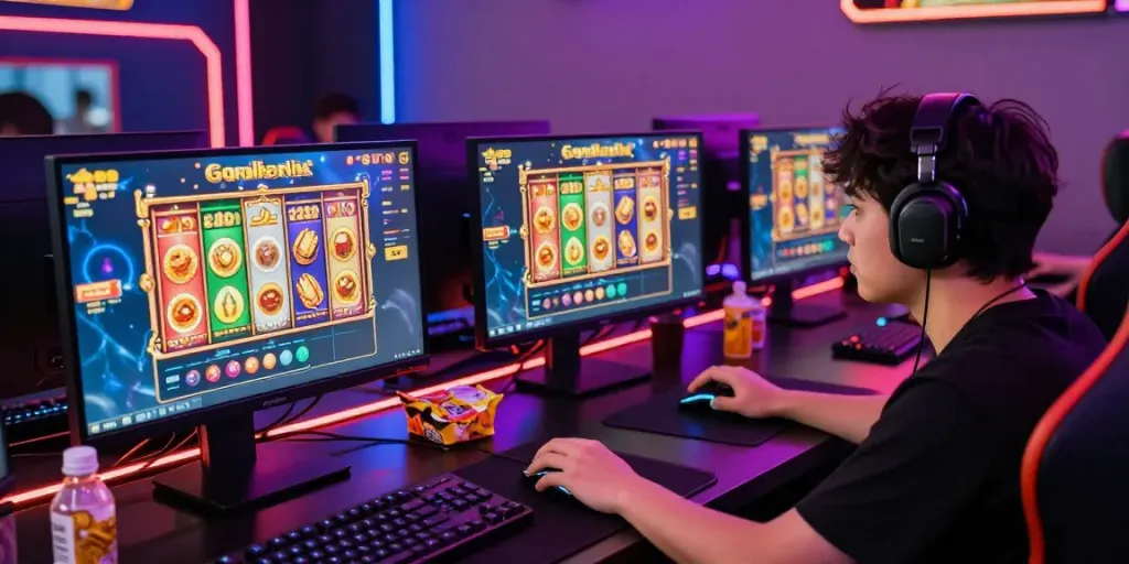 Engaging scene of vibrant slot gacor gaming setup with dynamic visuals and LED lighting.