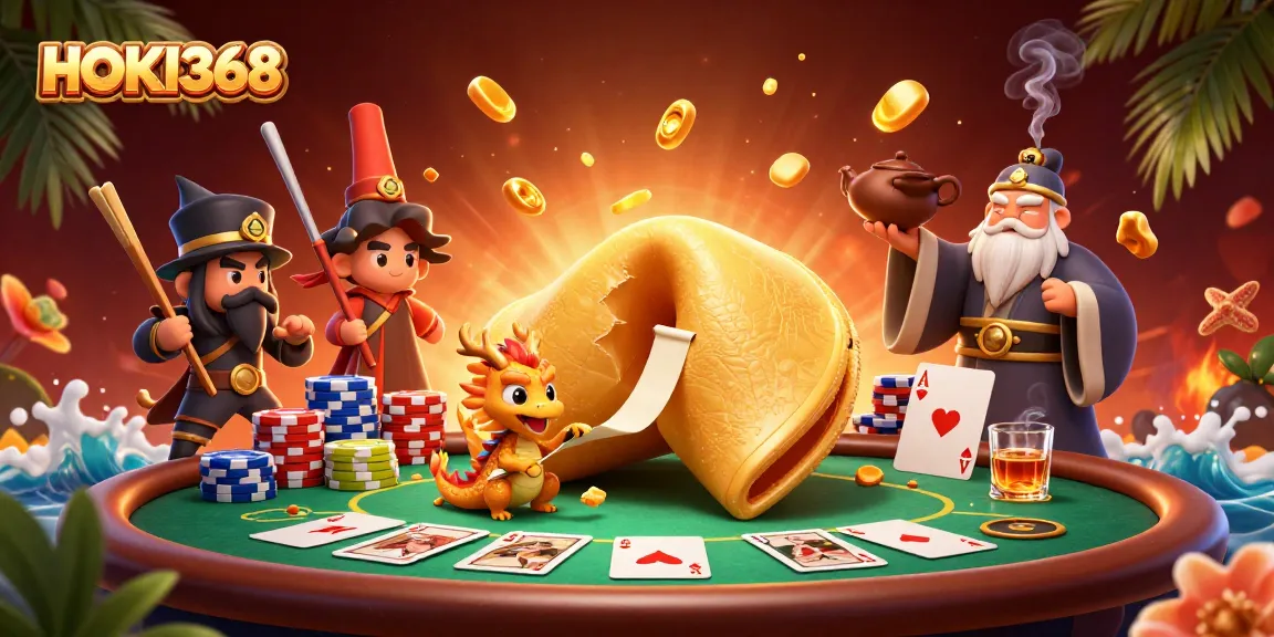 Join the thrilling game with HOKI368, featuring a wise dragon and golden fortune in an action-packed gambling scene.