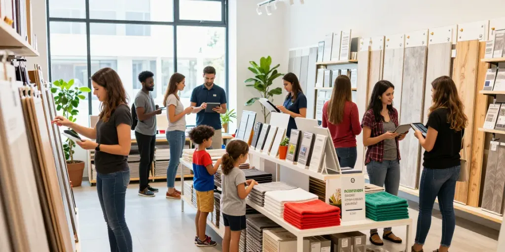 Shopsmart customers exploring eco-friendly products in a vibrant retail store