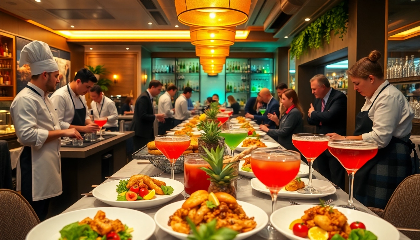 Dynamic scene of a food and beverage PR agency Melbourne showcasing event with chefs and drinks.