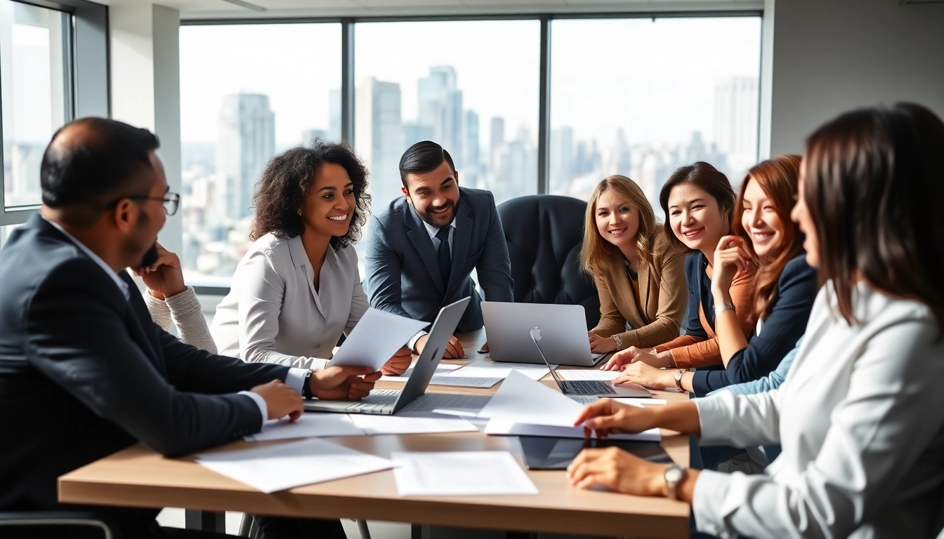 Discussing Federal and State contracts in a vibrant office setting with diverse professionals.
