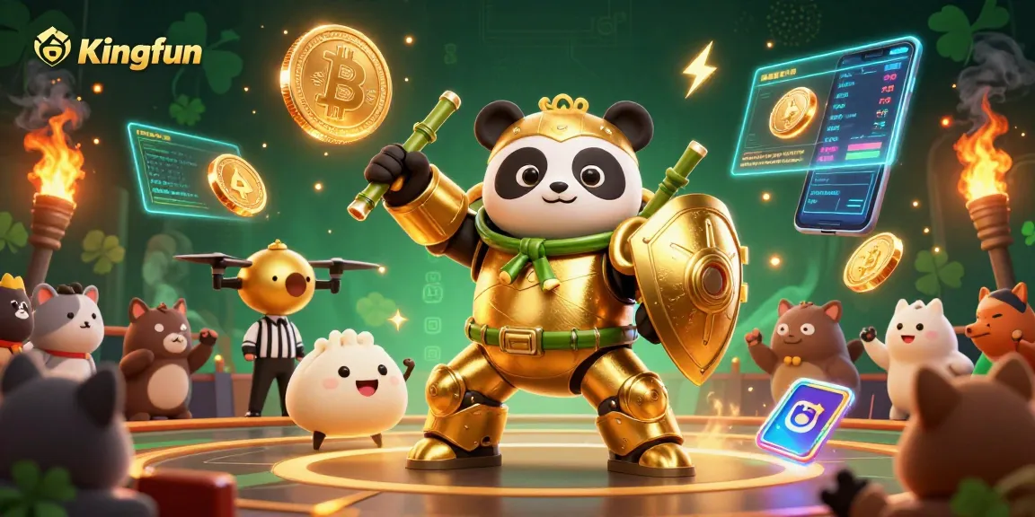 Experience Kingfun's exciting gaming scene with a mech-suit panda battling in a vibrant arena.