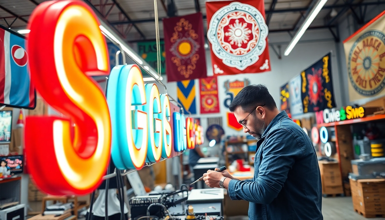 Artisan engaged in sign manufacturing process, highlighting vibrant signage and workshop atmosphere.