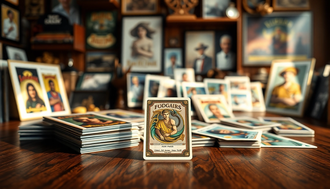 View trading cards laid elegantly on a wooden table, showcasing intricate designs and collections.