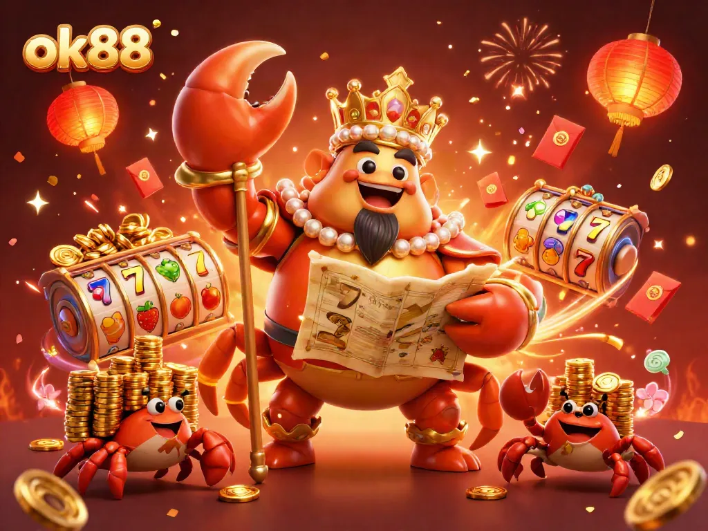 Spin to win at ok88 with golden crab emperor and vibrant casino elements in this festive illustration.