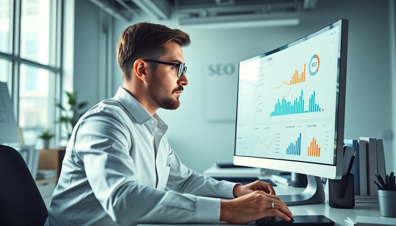 Seo expert analyzing website metrics in a bright, modern office space.
