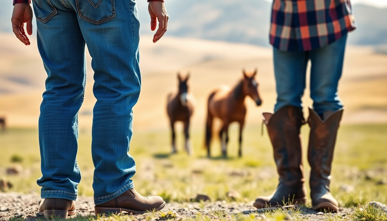 Stylish ranch wear Canada featuring textured denim and plaid in a rustic outdoor setting.