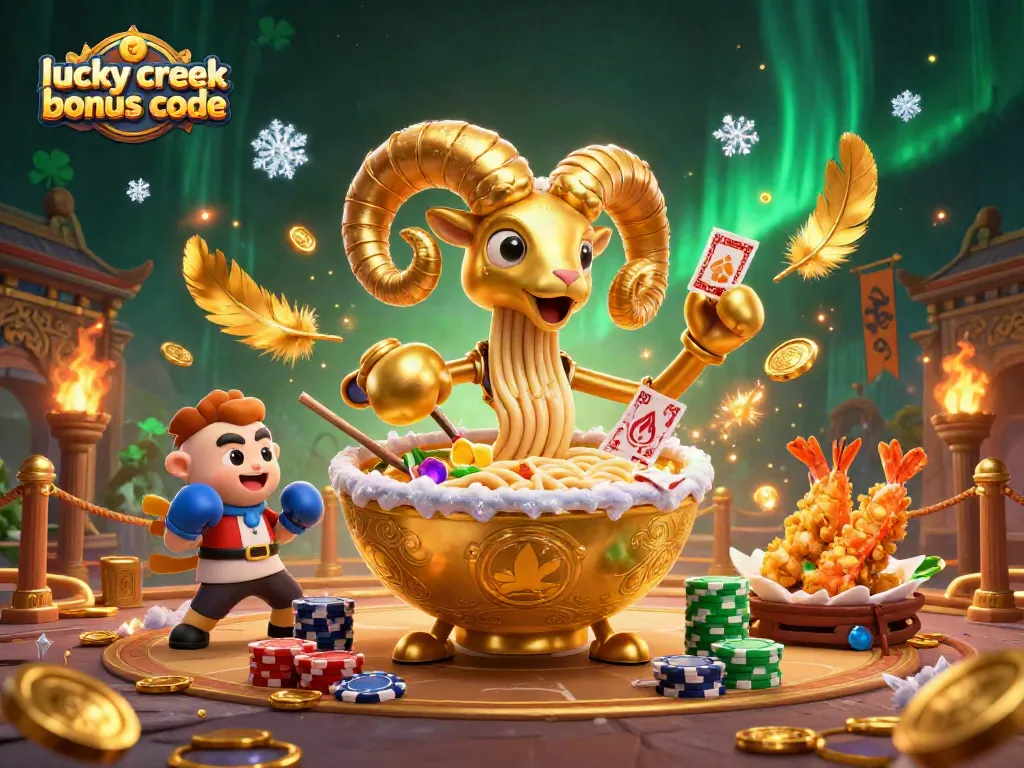 Engage with the lucky creek bonus code surrounded by vibrant casino-themed characters and festive elements.