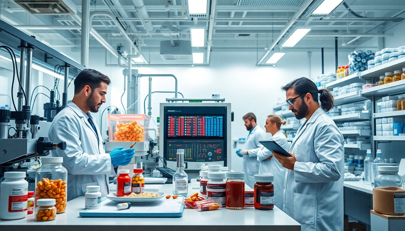 Showcase of a supplement manufacturer with modern equipment and scientists working in a lab.