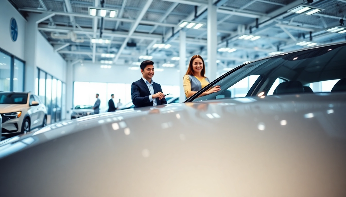 Autoankauf im modernen Autohaus, Kunden und Mitarbeiter in einem einladenden Umfeld.