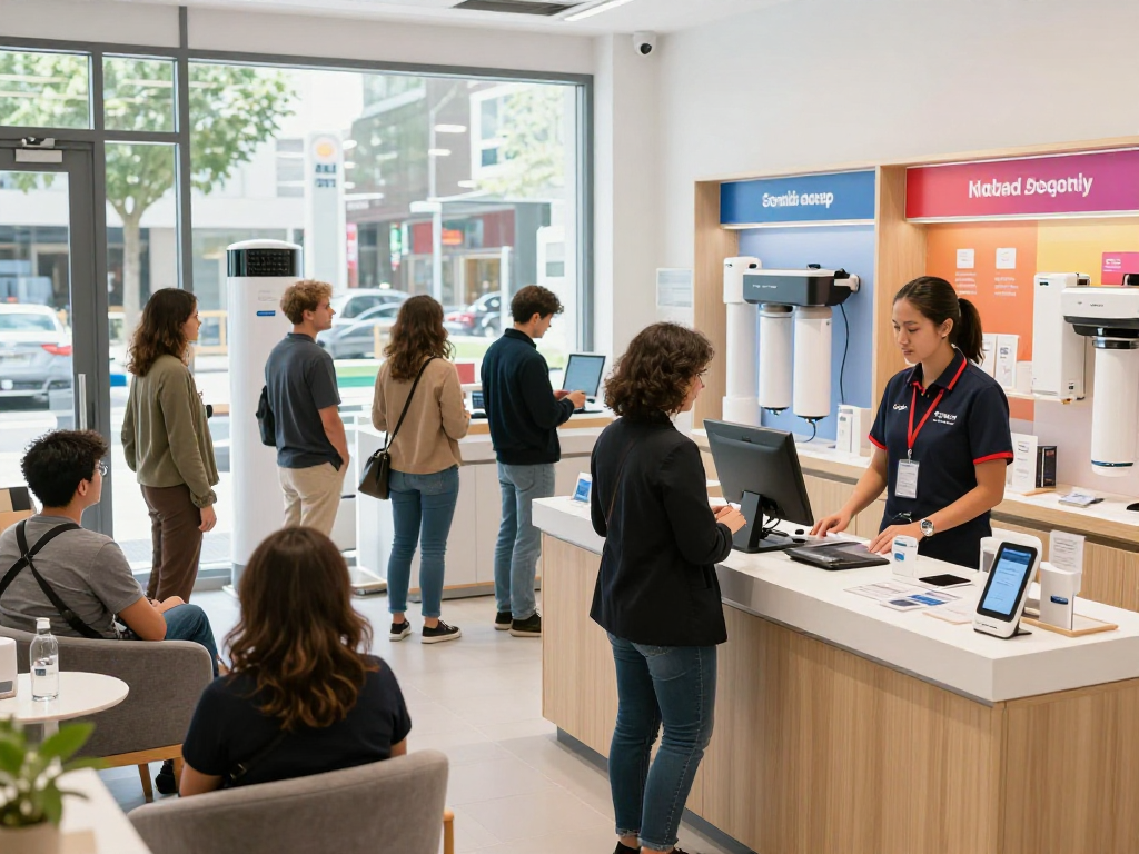 Shoppers exploring air and water filtration products at https://www.ebbfilter.com/shop, highlighting a modern retail experience.