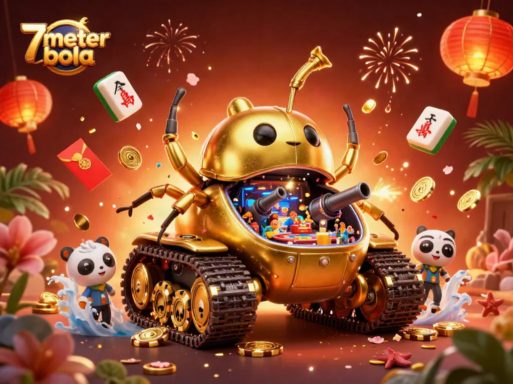 Win big with 7meter bola in a dynamic, ultra-detailed casino-themed digital illustration featuring a golden beetle tank.