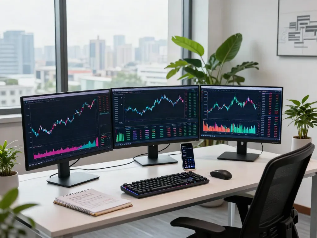 Real-time stock trading environment featuring 港股API data analysis, professional trader analyzing crypto trends and market conditions.