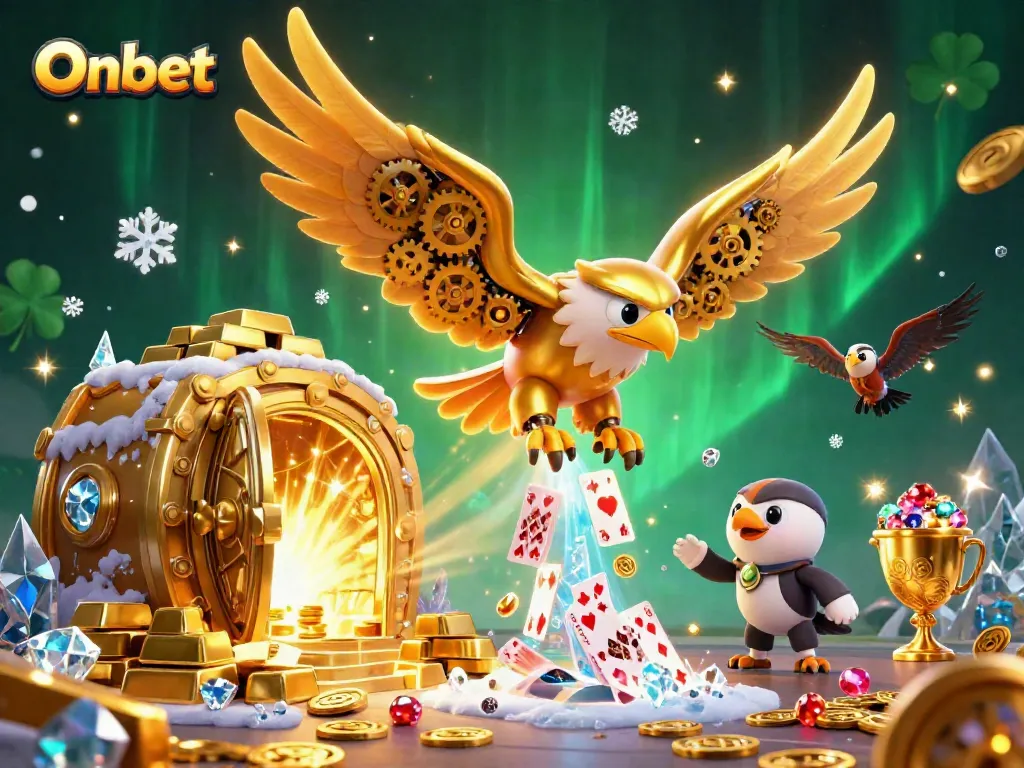 Onbet showcases a dynamic casino scene with a golden eagle and treasure in holographic splendor.