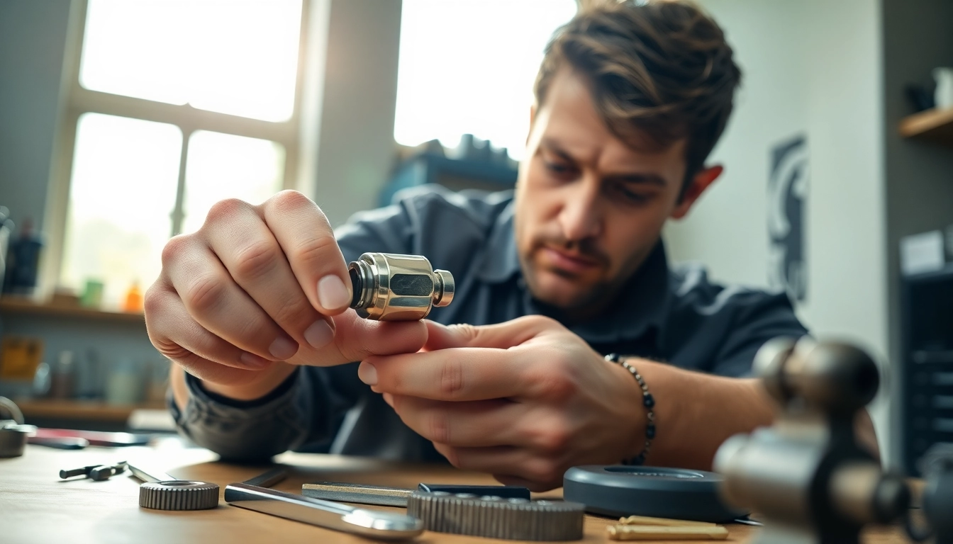 Expert Essex locksmith inspecting a high-security lock with tools in a bright workshop setting.