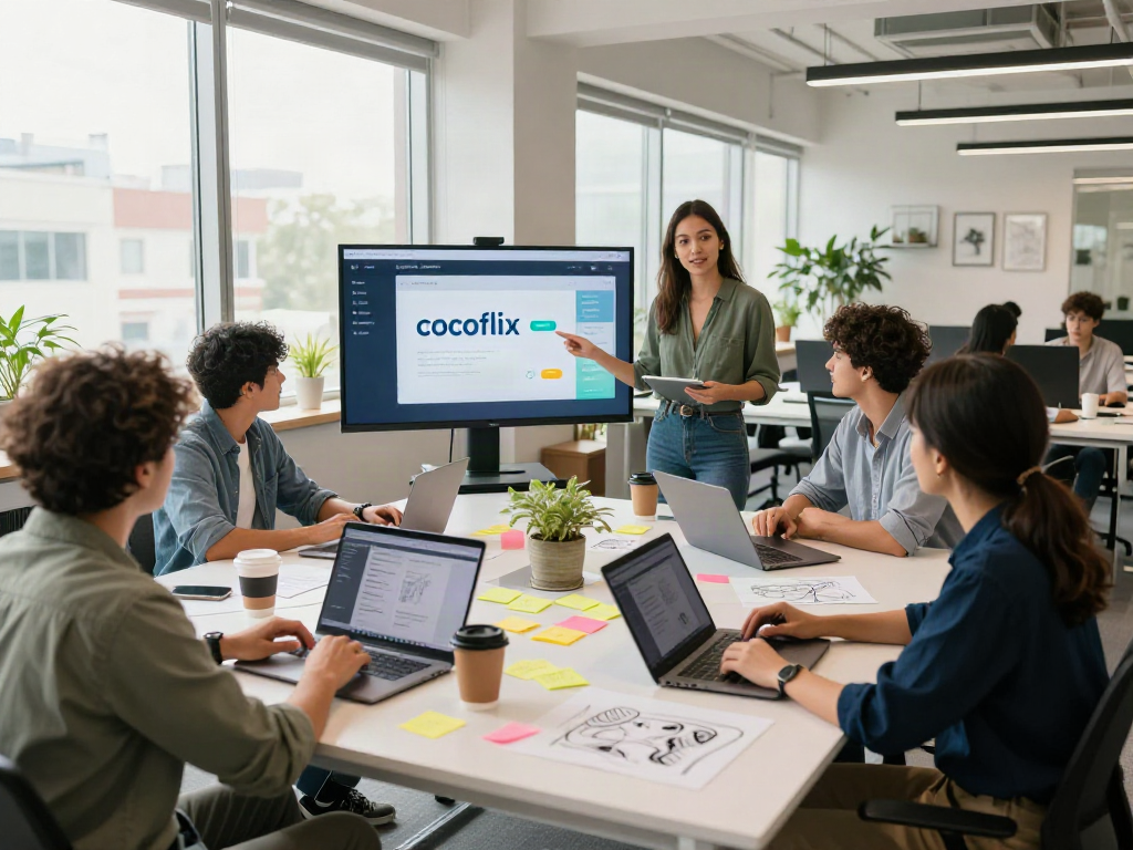 Team collaborating on the cocoflix app interface in a vibrant tech workspace.