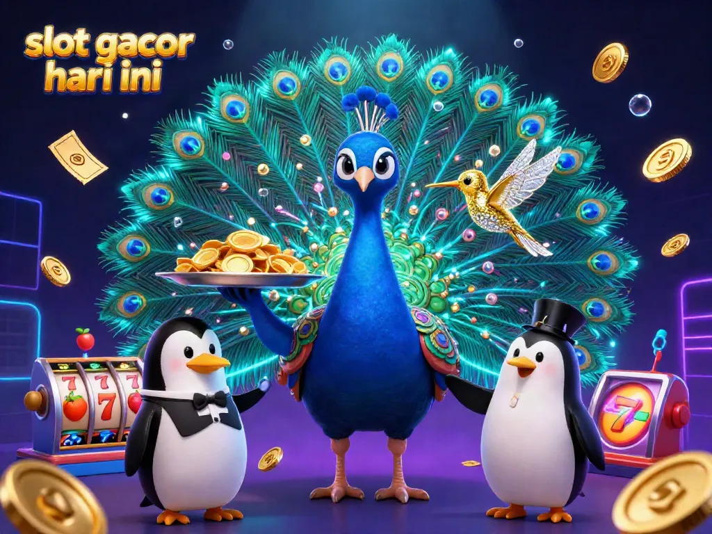 Engage with slot gacor hari ini through vibrant 3D illustration featuring a peacock, penguin, and hummingbird in a colorful casino scene.