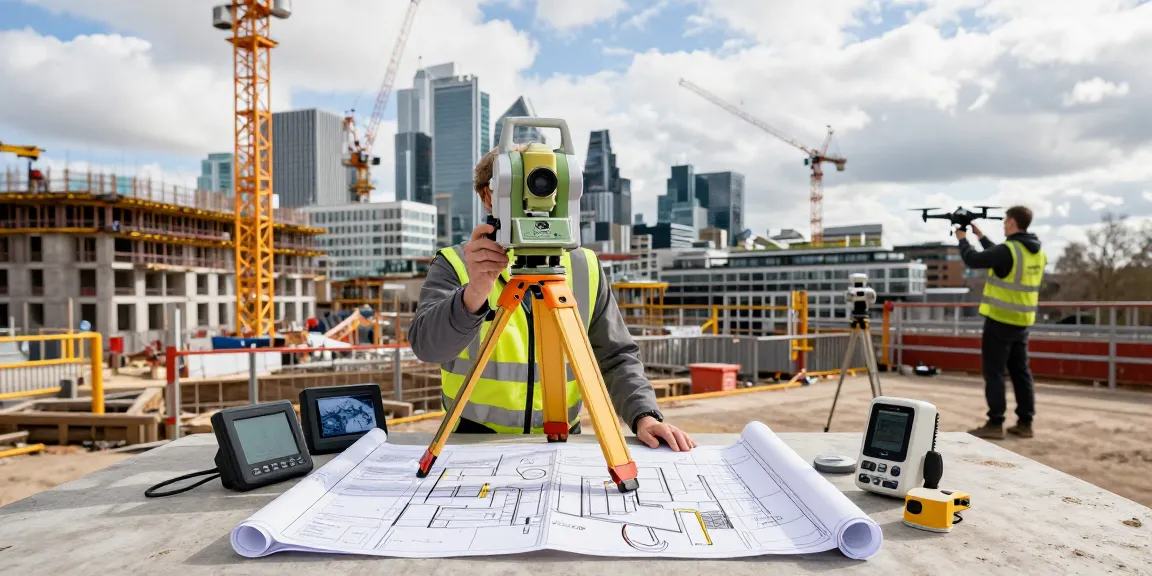 Land surveys london professionals conducting topographical survey with advanced equipment in urban setting.