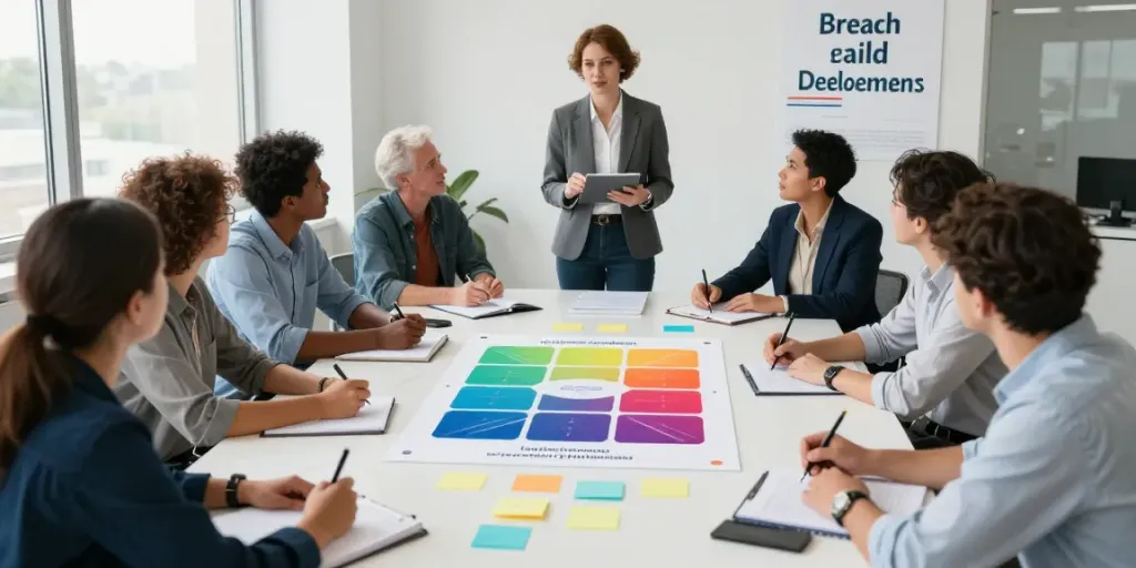 Leadership training for organizations workshop with diverse team collaborating.