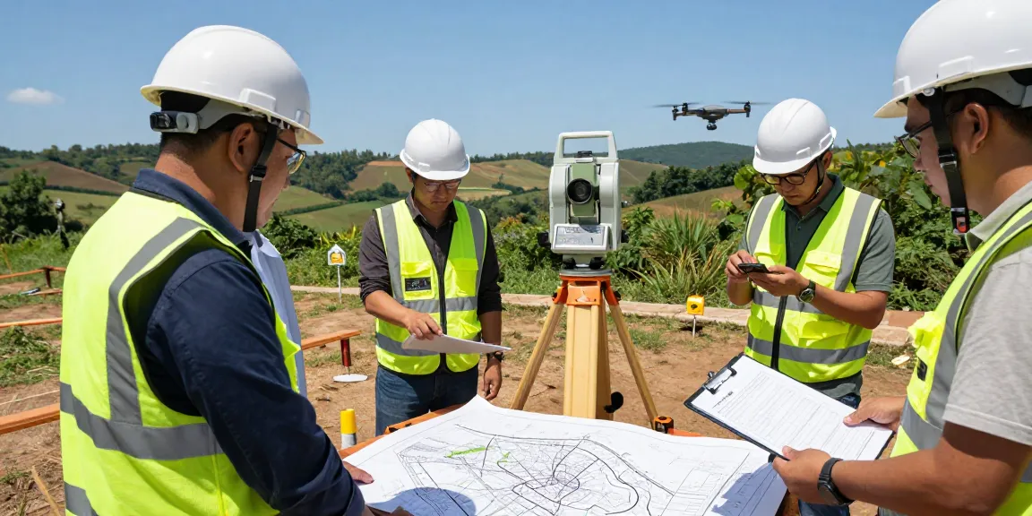 Surveyors conducting topographical surveys with advanced equipment showcasing precision and teamwork.