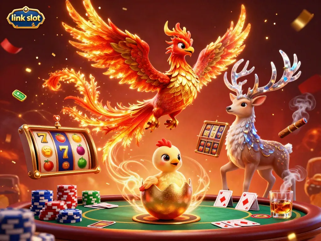 Experience the thrill of link slot action with dynamic slot reels and winning symbols in a vibrant casino illustration.