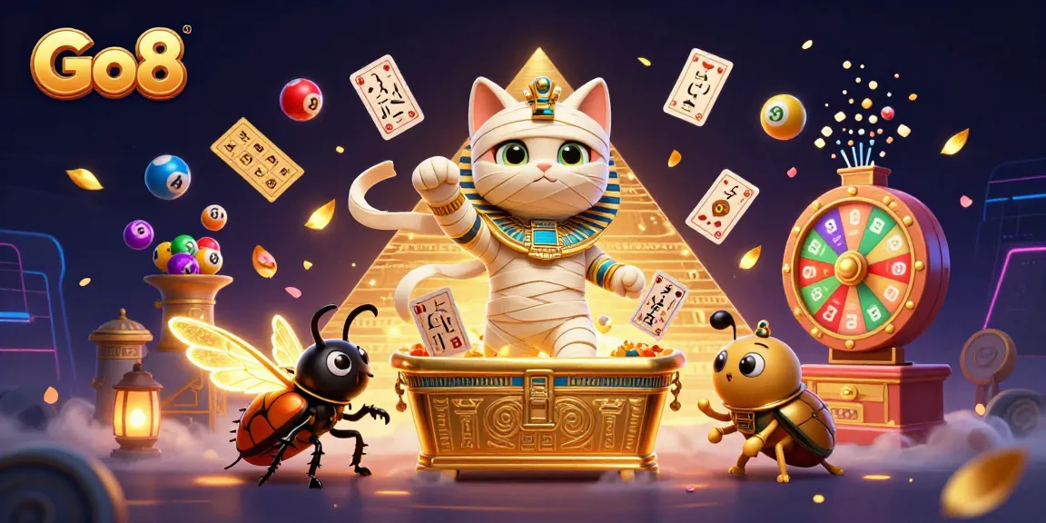 Go8 casino illustration featuring a mummy cat and lottery elements creating an exciting scene.