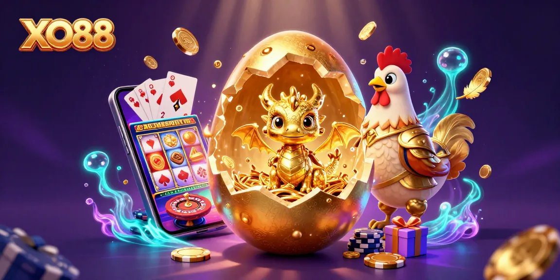 Experience the magic of XO88 with a golden dragon and casino elements in this vibrant scene!