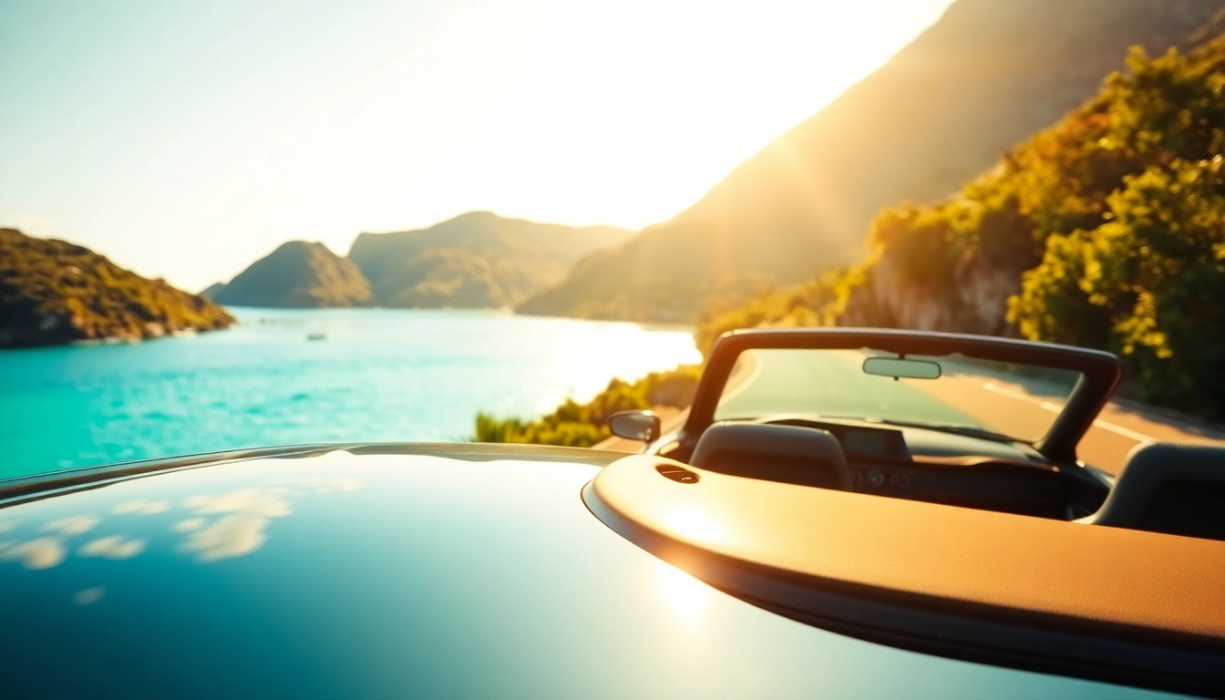 Luxury convertible at a stunning coastal road for car rental st barts.