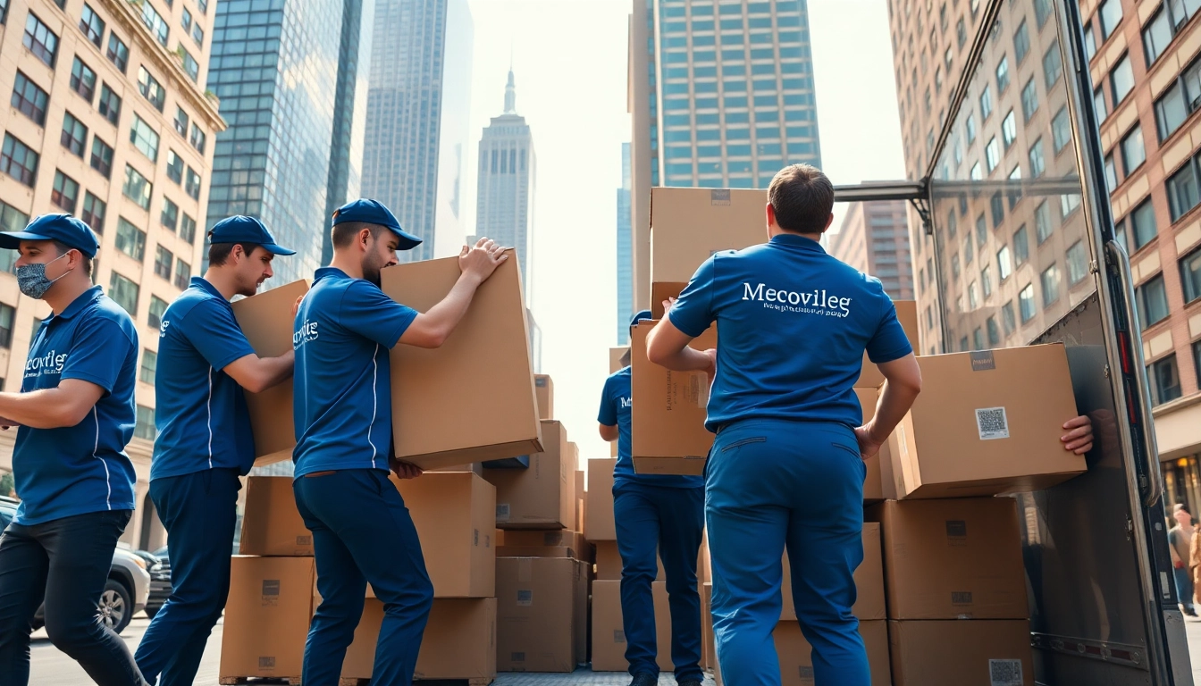 Efficient movers manhattan ny expertly loading items into a truck against NYC skyline.