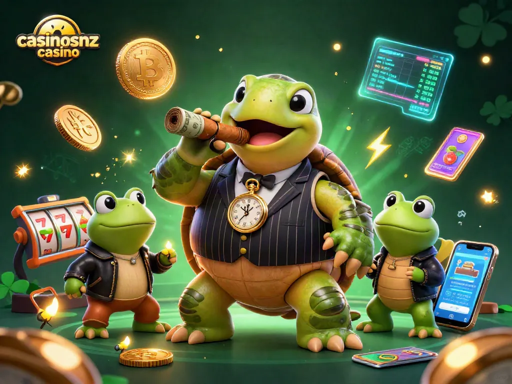 Engage with the vibrant scene of casinosnz casino featuring a cartoon snapping turtle in a mobster suit and bullfrog enforcers.