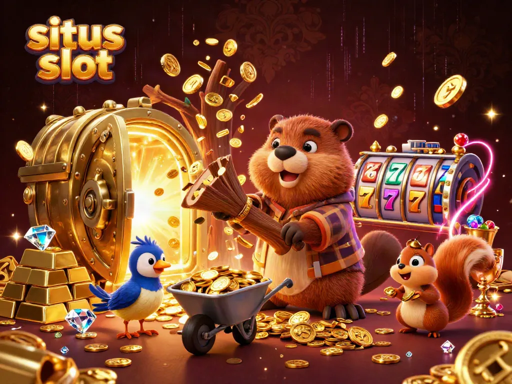 Menang di situs slot dengan karakter berang-berang yang menarik koin emas dan gulungan slot yang berkilauan.