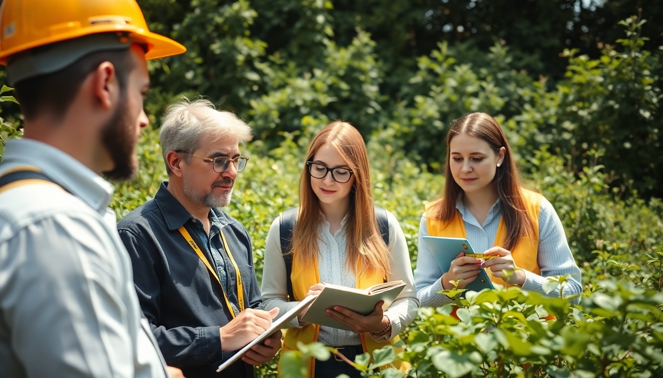 Experts assessing Japanese Knotweed solutions with CYB Environmental in a lush setting.