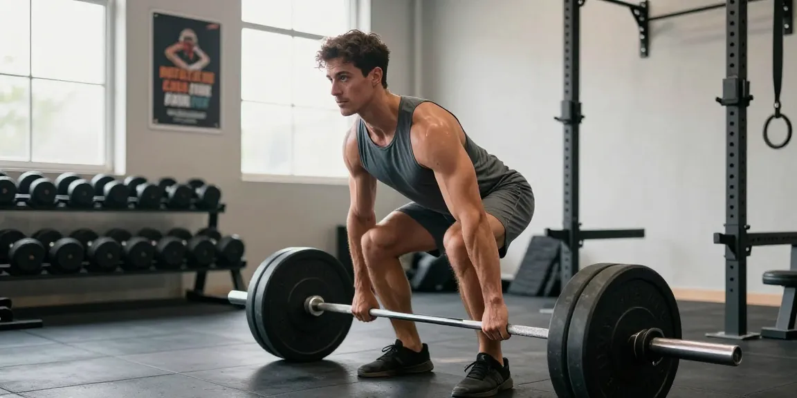 Man lifting weights in mens workout clothes, showcasing performance and dedication in a vibrant gym.