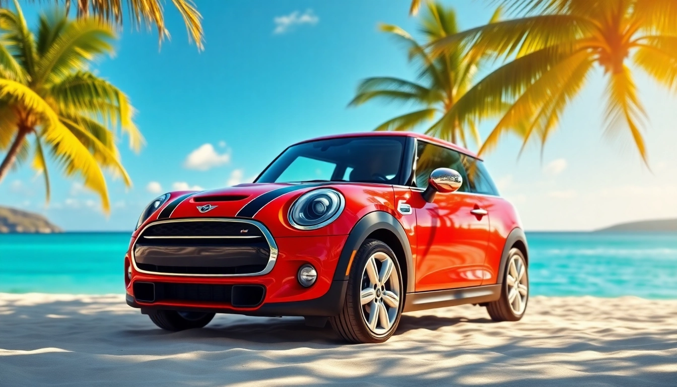 Rent mini cooper st barths with stunning beach backdrop and vibrant tropical scenery.