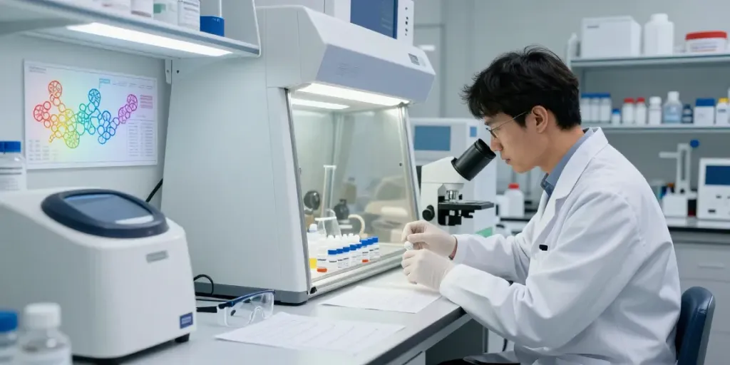 Researcher analyzing tesamorelin for sale in a high-tech laboratory.
