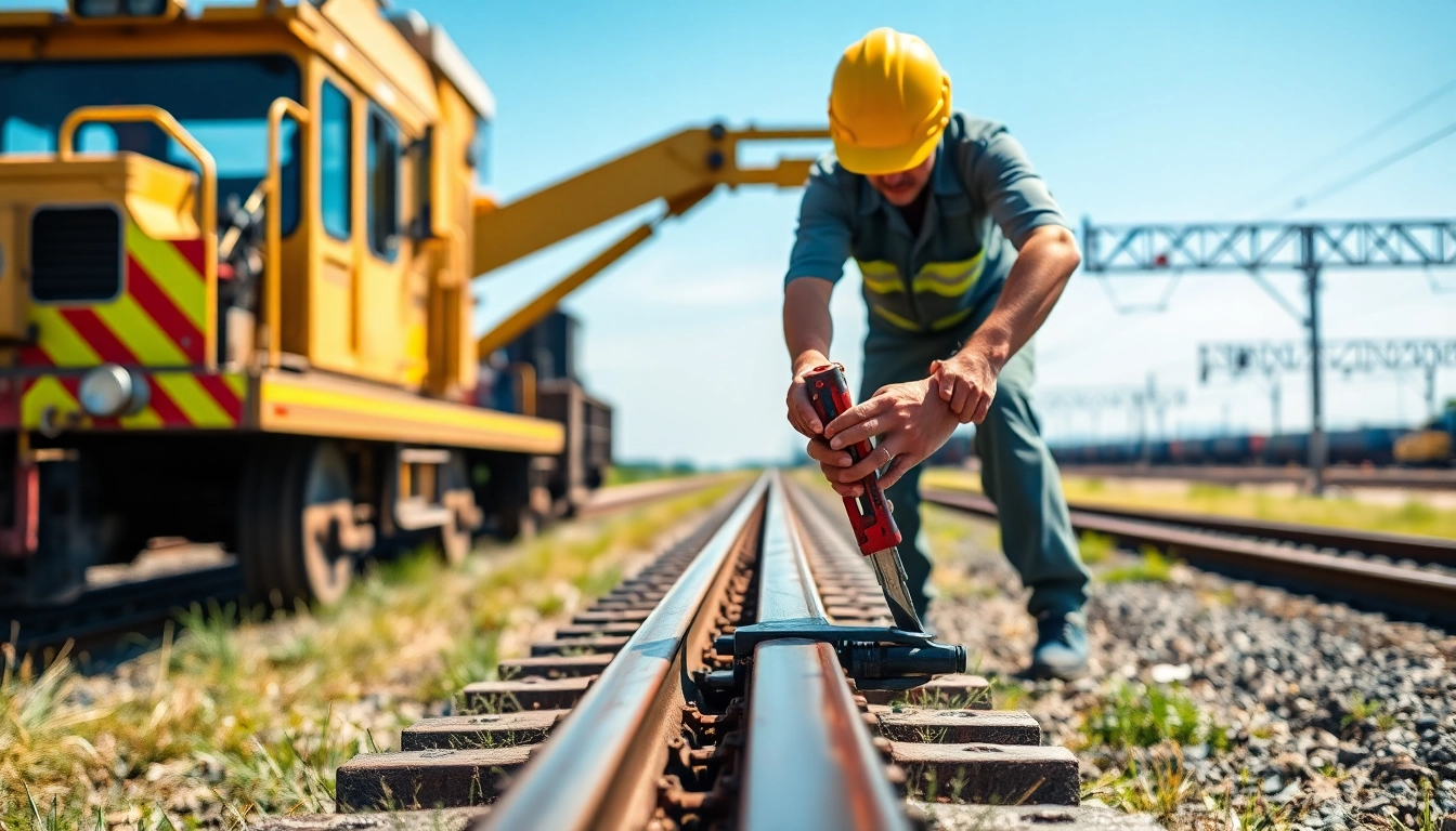 Technician executing Emergengy Railroad Repair on tracks with professional tools amidst a clear sky.