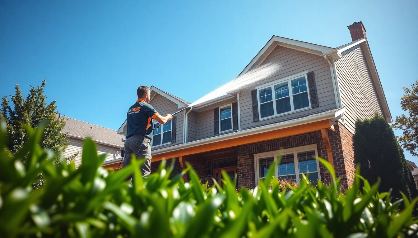 Technician performing house washing on a suburban home with pressure washer.