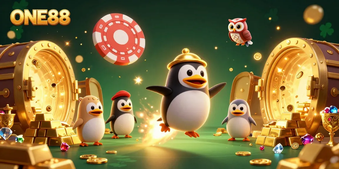 Experience the excitement of ONE88 as a golden penguin navigates a cosmic casino adventure.