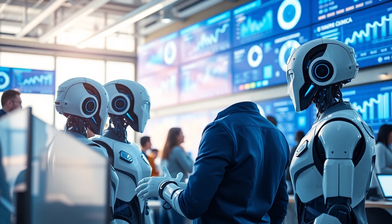 Ai Bots collaborating in a modern office, showcasing advanced technology and teamwork.