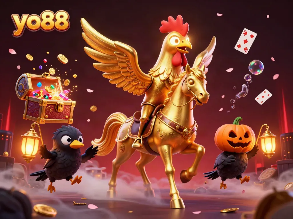 Experience the exciting thrills of yo88 in a vibrant casino scene with a mystical golden rooster and treasures.